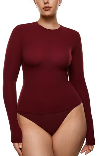 INLYRIC Women's Long Sleeve T-Shirts Crew Neck Basic Fitted Slim Crop Tops Going Out Trendy Dressy Tops Tees Ancora Red 10