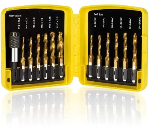 Combination Drill Tap & Tap Bit Set, 3-in-1 Titanium Coated Screw Tapping Bit Tool for Drilling, Tapping, Countersinking, with Quick-Change Adapter, 13Pcs SAE/Metric
