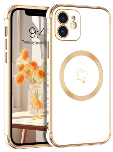 Telaso Magnetische Hülle für iPhone 12, Handyhülle für iPhone 12 Niedliches Herz Muster [ Kompatibel mit MagSafe ] Weiche Plattierung Abdeckung für Frauen, Schutz der Kamera, Weiß