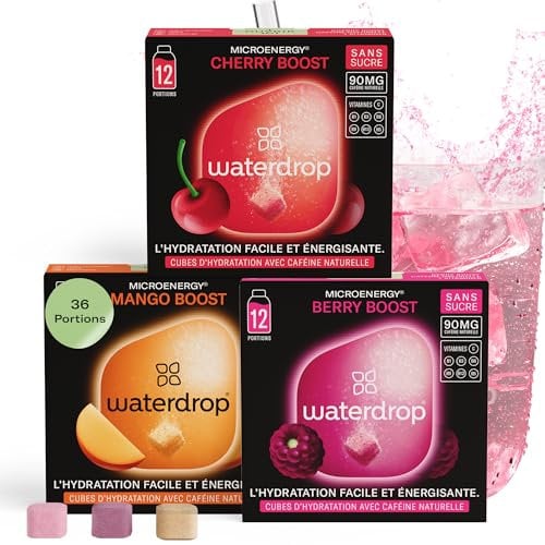 waterdrop® Coffret Microenergy, Boisson Énergisante Sans Sucre, Boisson Gazeuse aux Arômes de Mûre, Mangue et Cerise, 36 Cubes Effervescents avec 90 mg de Caféine Naturelle, Vitamines B et C