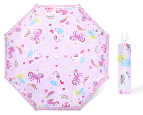 Regenschirm Kinder Mädchen mit Niedlichem Muster, Kinderschirm Reflektierend mit Schirmhülle & Auf-Zu-Automatik, Taschenschirm Winddicht Sturmfest für Jungen Leicht zu Transportieren-Rosa Einhorn