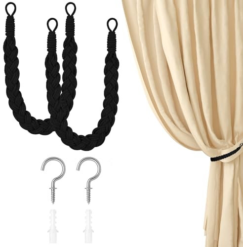 Black Curtain Tie Backs, 2 Sets of Curtain Tiebacks with Hooks, Durable Cotton Rope and Steel Hooks, Elegant Boho Style, Ideal for Home, Hotel, and Office Curtains
