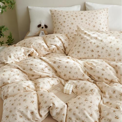 Tospass Bettwäsche 135x200 Baumwolle Beige Khaki Blumen Bettwäsche Set | ÖKO-TEX Bettwäsche für Allergiker,Aesthetic Bettwäsche Mädchen,2teilig Bettbezug mit Reißverschluss und 1 Kissenbezug 80x80cm