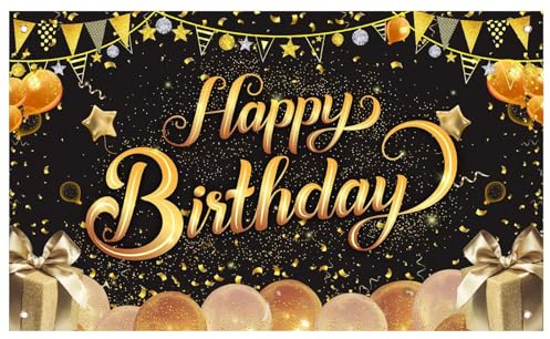 ZYDYRX Geburtstagsbanner Schwarz Gold Happy Birthday Banner für Mann Frau Geburtstag Deko Hintergrund Party Dekoration Drinnen Draußen Erhältlich für alle Geburtstage Unabhängig vom Alter