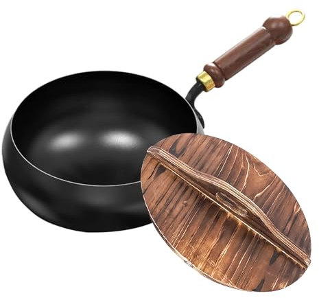 Unbeschichtete Eisenpfanne Handgeschmiedeter Topf Mit Wärmespeicherfunktion, für Küche, Vielfältige Kulinarische Stile, Rezepte, Schmiedeeisen-bratpfanne, Eisenpfanne Pfanne, Schwarz (24CM+Holzdeckel)