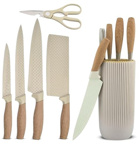 Home Vista 6-Piece Knife Set/Comes with Freestanding Storage Block/Sharp Stainless Steel Kitchen Knives/Scissors/Non-Stick Ideal for Chopping, Slicing & Everyday Cooking (Cream)