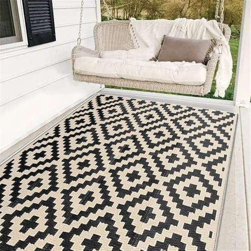 Hiseng Tapis d'extérieur Terrasse Imperméable, Grand Tapis de Balcon Résistant aux intempéries, Pliable Réversible Géométrie, pour Jardin d'hiver, Camping, Cuisine (Noir et Beige,120x180cm)
