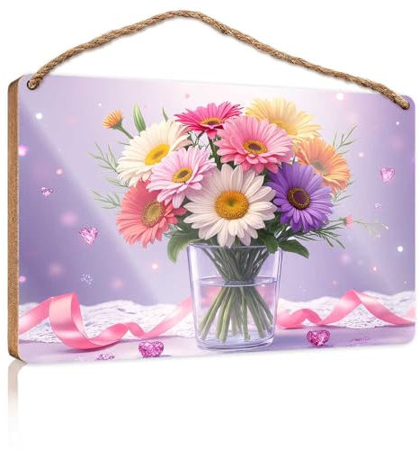 Letrero de madera para baño, colorido ramo de margaritas en jarrón de cristal, letrero de madera divertido para caza, regalos de caza, decoración de dormitorio de niños (15 x 28 cm)