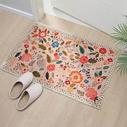 Waschbarer Teppich Wohnzimmer, 100x66cm Teppich Kurzflor Vintage, Schlafzimmer Flauschig Teppiche, Klein Carpet rutschfest für Flur Eingangsbereich Schlafzimmer Esszimmer und Kinderzimer