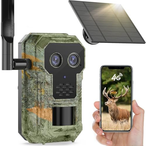 ULEXOR 4G LTE Wildkamera mit Handyübertragung App 2.5K Solar Wildtierkamera mit eSIM Karte, Nachtsicht, Bewegungsmelder, Weitwinkel- und Teleobjektive, 7800mAh Akku, IP66 Wasserdicht