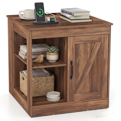 COSTWAY Bedside Table with Charging Station, Wooden Nightstand End Sofa Side Table with Open Shelves, Cabinet & Barn Door, Farmhouse Accent Bedside Cabinet for Living Room Bedroom (1, Rustic Oak)