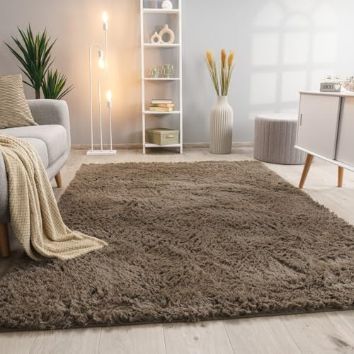 KADIMA DESIGN Hochflor Teppich Shaggy waschbar Unifarben Schlafzimmer schmutzabweisend Taupe Läufer 80x150 100% Polyester Florhöhe: 33 mm pflegeleicht