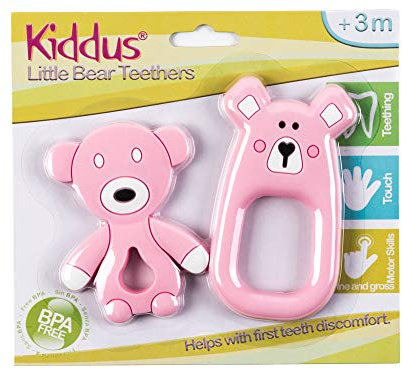 Kiddus 2x Baby-Beißringe 100% organisches, BPA-freies Silikon, lindert Zahnfleischschmerzen und beruhigt das Baby, wenn die ersten Zähne kommen 3M+ (Rosa)