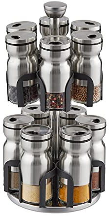 Relaxdays, Silber/schwarz Gewürzkarussell, 12 Gewürzgläser, Edelstahl & Glas, drehbar, modern, spülmaschinengeeignet, 1 Stück