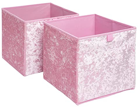 OHS Pack Of 2 Crushed Velvet Storage Boxes Set Home Bathroom Collapsible Foldable Toys Pop Up Folding Cube Box, Blush Pink
