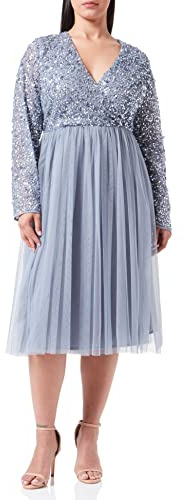 Maya Deluxe Women's Ladies Wedding Guest Midi Dress Long Sleeve Plunging Neckline V Neck Sequin Embellished Graduation Bridesmaid, Dusty Blue, 12 (EG024-MIDI-MM)