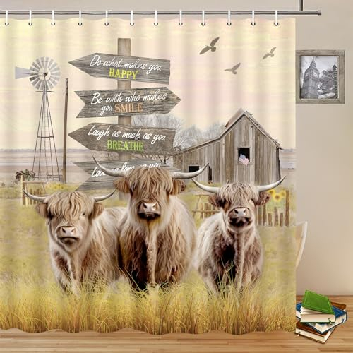Highland-Rinder Duschvorhang Vintage Rustikaler Bauernhof Drei Kühe Tier Holz Bauernhaus Straßenschild Slogan alte Windmühle Landschaft Badezimmer Dekor Polyester Stoff Vorhänge 178 x 188 cm mit Haken