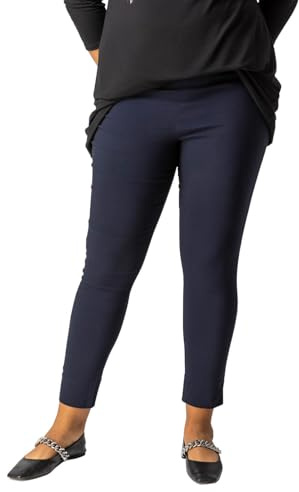 Roman Originals Stretch Trousers for Women UK Ladies High Waisted Pants Pull On Leggings Smart Slimming Office Work Fitted Tailored Tapered Regular & Plus Sizes - Plus Navy (28 in) - Size 2224