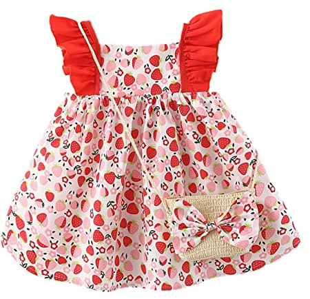 Haokaini Baby Mädchen Sommer Kleidung Puppenhalsband Blumenmuster Erdbeere Prinzessin Sommerkleid Umhängetasche