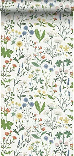 papier peint fleurs des champs multicolore sur blanc 53 cm x 10.05 m - ESTAhome