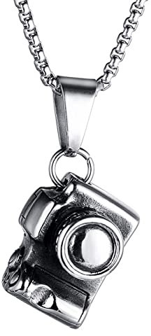 ANAZOZ Necklace Chain 24 inch,Stainless Steel Necklaces for Men Vintage Camera Mens Necklace Pendants Silver