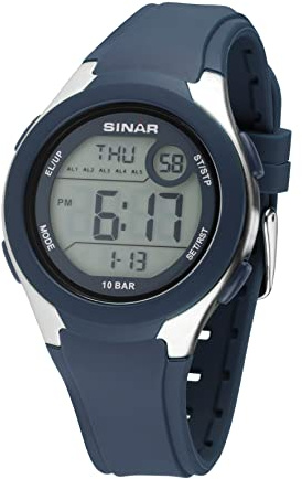 SINAR Damenuhr Herrenuhr Jugend Armbanduhr Unisex Sportuhr Outdoor Digital Quarz 10 bar mit Silikonarmband, 5 Alarmen und Licht Dunkelblau XV-19-2
