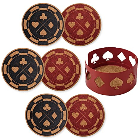 Mango Steam Set of Six Poker Chip Decorative Coasters For Drinks & Mugs With Metal Holder, Red