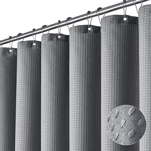 Dynamene Cortina de ducha extra larga, 96 pulgadas de largo, tejido gofre, tela gruesa con peso, juego de cortinas de baño de hotel, neutra resistente, con 12 ganchos de plástico, 72 x 96, gris/gris