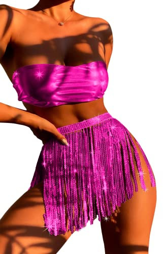Rave Outfits für Damen, 3-teiliges Bikini-Set Quasten Rock Metallic-Badeanzug Holografisches Bandeau-Oberteil Badeanzüge für Festivals(Rose,S,1005w)