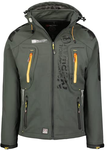 Geographical Norway Techno Men - Giacca Cappuccio Softshell Impermeabile Uomo - Giacca Vento Tattica Da Esterno - Escursionismo Sci Autunno Inverno Primavera (Grigio scuro/arancio L)