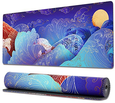 Ovenbird Large Gaming Mouse Pad with Stitched Edges, Japanese Wave and Sun Desk Mat, Extended XL Mousepad with Anti-Slip Base, Cute Minimalist Desk Pad for Keyboard and Mouse, 31.5 x 11.8 in, Blue