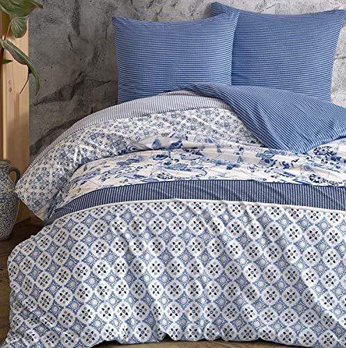 one-home Bettwäsche Paisley Retro Blumen gestreift weiß blau Wende Baumwolle Renforcé, Größe:4 teilig 135x200 cm - Normalgröße