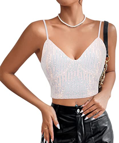 Naimo Damen Glitzer Pailletten Crop Top Ärmellos V-Ausschnitt Spaghettiträger Tank Tops Weste Party Rave Sparkle Camisole