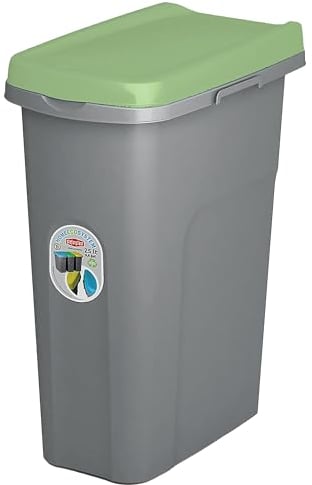 Home Centre Plastic Lift Top Lid Waste Bin Kitchen School 25 Litre Green-Grey Slim Recycling General Trash & Storage Recycled Rubbish Organiser Container Dustbin Sturdy Quality Made in Italy