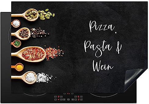 KitchenYeah© Herdabdeckplatte Einteilig Herdabdeckung Abdeckplatte für Ceranfeld Abdeckung Induktionskochfeld Aufrollbare Matte Zitate & Sprüche - Pizza, Pasta & Wein - 78x52 cm