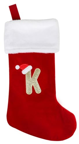 DERAYEE Monogrammierte Weihnachtsstrümpfe mit Buchstaben, 45,7 cm großer Samtkörper, superweiche Plüschmanschette, goldbestickte Strümpfe für Familie, Urlaub, Weihnachten, Party, Dekoration (rot,