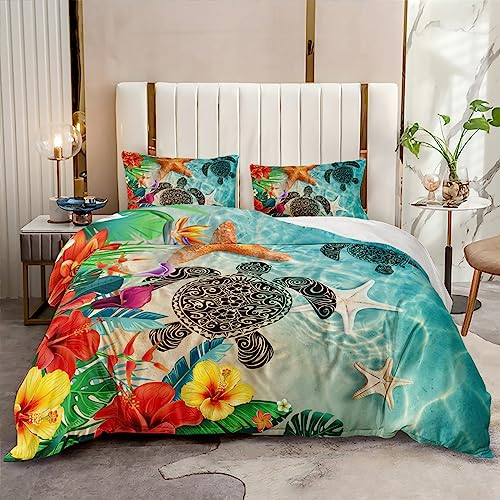HOTRCR Turtle Bedding Bettwäsche-Set nadruk 3D zestaw pościeli ze zwierzętami morskimi, niebieski, piękny wzór kwiatowy, poszewka NA kołdrę, bettwäsche 135 * 200cm,80 * 80 cm*1 EFBTTAI039