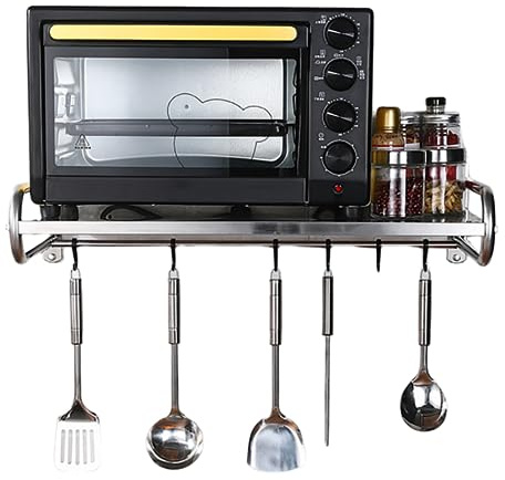 SABUIDDS Support pour micro-ondes avec 6 crochets, support en acier inoxydable, extensible jusqu'à 30 kg, fixation murale, pour micro-ondes et four, argenté