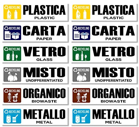 GamesMonkey® - Aufkleber für Mülltrennung, Recycling von Müll v1 - Wasserdicht waschbar Illustriert - Englisch Italienisch - gemäß UNI 11686 (20 x 6, 12 Stück)