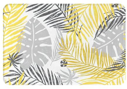 Gearsly Bath Mat 40 x 60 cm,Yellow Grey Tropical Palm Leaves Non-Slip Shower Mats for Bathroom Floor,Super Absorbent Quick Dry Bathroom Mat,Soft Anti Mould Bath Rug Machine Washable