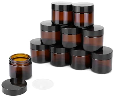 QWORK® 10 Pack 2 oz 60ml Amber Glass Jars with Black Lids, UV Protective Multipurpose Containers, for Homemade Creams, Lotions