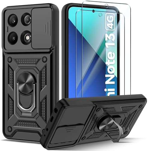 Guisessy für Xiaomi Redmi Note 13 4G Hülle (Nicht für 5G), Handyhülle Kameraschutz Slide Camera und 2 Stück Schutzfolie, Drehbarer Fingerring Ständer Militärqualität Stoßfest Schutzhülle-Schwarz