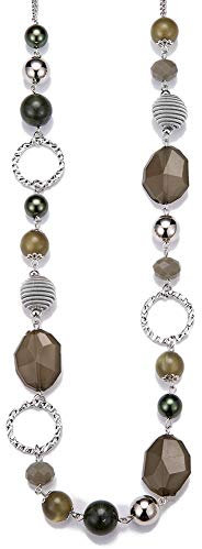 FULU AUTUMN Collier de Perles Long en Argent - Collier Boheme avec des Cristaux et des Perles en Pierre Naturelle Bijoux Fantaisie - Belle Idée de Cadeau de Fête Des Mères(Army Green)