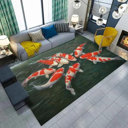 Kurzflor Teppich Waschbarer Teppich, Glücksschwarm Koi-Fische Auf Der Wasseroberfläche Fürs Wohnzimmer, Schlafzimmer, Esszimmer Oder Heimbüro 160 X 230 Cm Weich , Schmutzabweisend - Leicht Zu -5N1P-V1