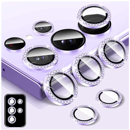 Kucheed Protecteur D'objectif D'appareil Photo Diamant pour Samsung Galaxy S22 Ultra, Protecteur de Couvercle de Caméra en Verre Trempé, Anneau Métallique en Aluminium Individuel Bling