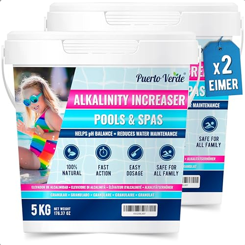 Puerto Verde • Elevatore Alcalinità Piscina 10 Kg. Correttore Alcalinità Totale e Regolatore di pH. Adatto per Idromassaggio e Spa. Formato Polvere Sicuro per Tutta la Famiglia. Produzione Europea.