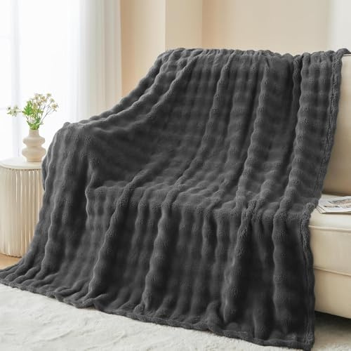 Wajade Fluffy Flannel Blanket Gray Faux Fur Bed Throw Super Soft Warm Large Blanket for Bed Sofa Car, 127x153CM