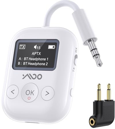 YMOO Upgraded Bluetooth 5.4 Transmisor Receptor para Avión, Transmisor Bluetooth Inalámbrico Esencial para Viajes, Soporta 2 Auriculares, Adaptador 2 en 1 para Aviones, TV, Coche, Home Stereo (Blanco)