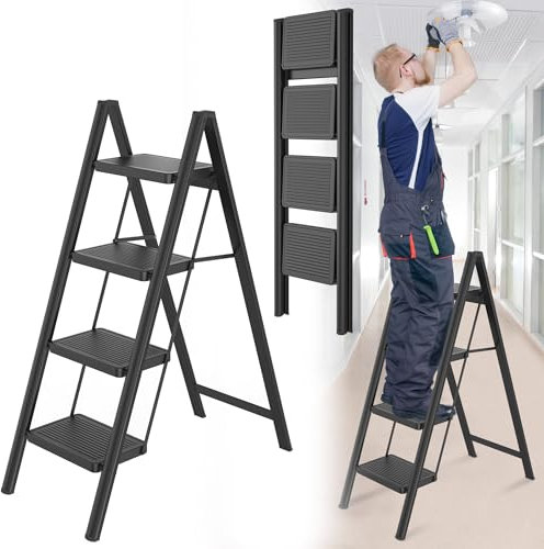 HENGMEI Escalera plegable de aluminio, 4 peldaños, antideslizante, con pedal antideslizante, 150 kg de carga
