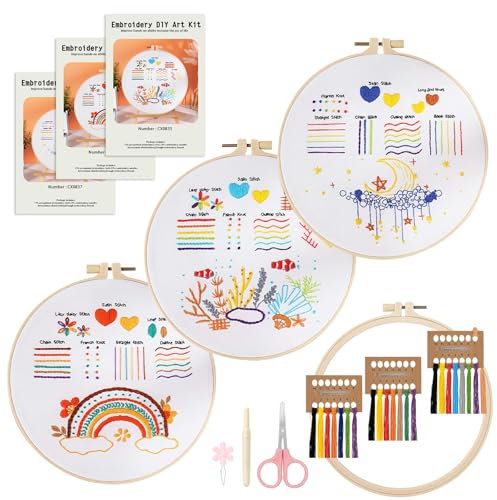 FIHODONE 3 sticken set erwachsene, embroidery kit mit Werkzeuge, stickset für anfänger, stickerei set mit Stickrahmen Farbfäden, kreuzstich für DIY Kunst, Handwerk, bastelset erwachsene frauen
